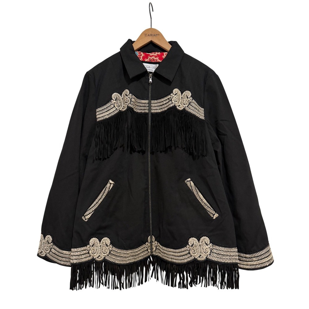 Tasha‎ Polizzi Black Canvas Leather Fringe Soutache Western Jacket Women's Large
